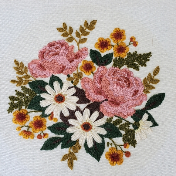 Embroidered Floral Wall Hanging 13" Square Handmade Roses Pink Cottagecore - Picture 2 of 6